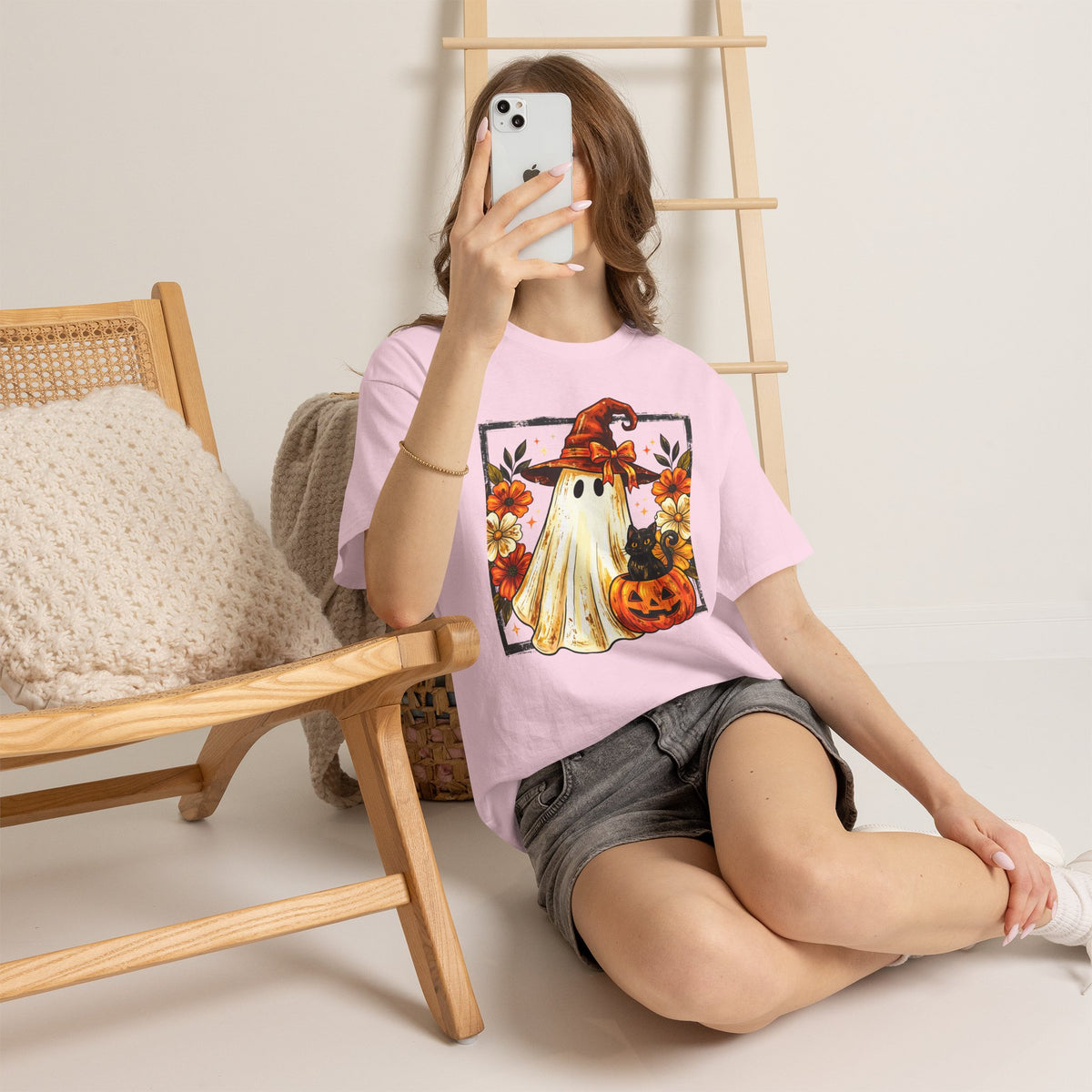 Cute Halloween Ghost T-Shirt — Ghost in Witch Hat with Pumpkin & Black Cat