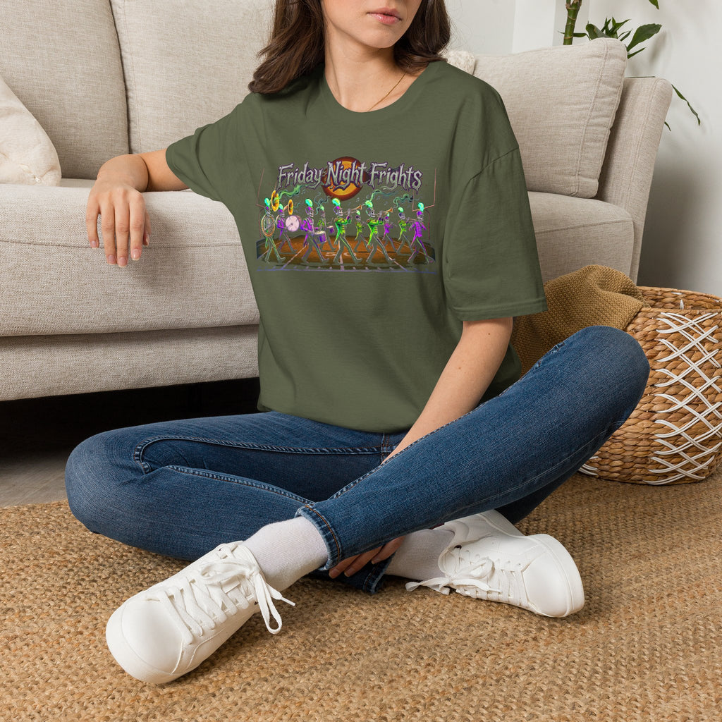Friday Night Frights Halloween T-Shirt — Neon Skeleton Parade Tee