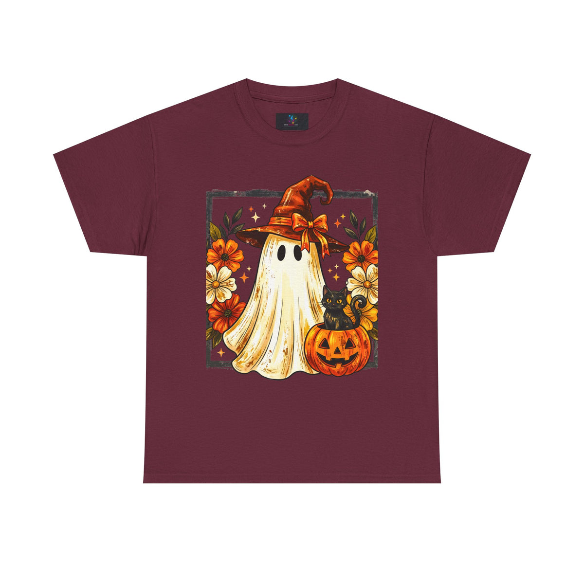 Cute Halloween Ghost T-Shirt — Ghost in Witch Hat with Pumpkin & Black Cat