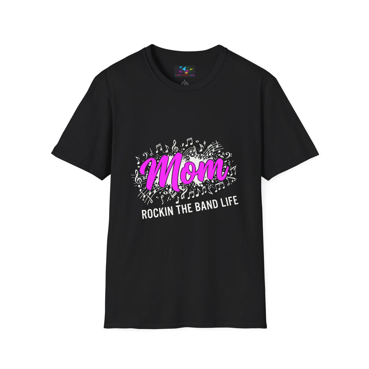 Mom Rock Band T-Shirt — 'Mom' Pink Script with Musical Notes (Rockin' the Band Life)