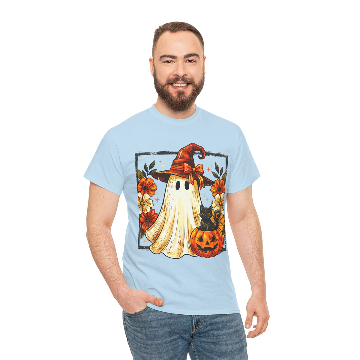 Cute Halloween Ghost T-Shirt — Ghost in Witch Hat with Pumpkin & Black Cat