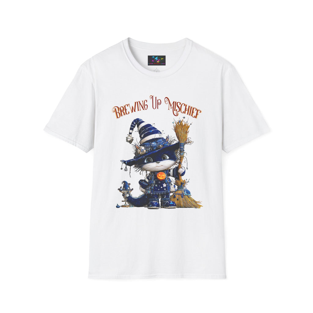 Brewing Up Mischief T-Shirt — Cute Witch Cat Halloween Tee