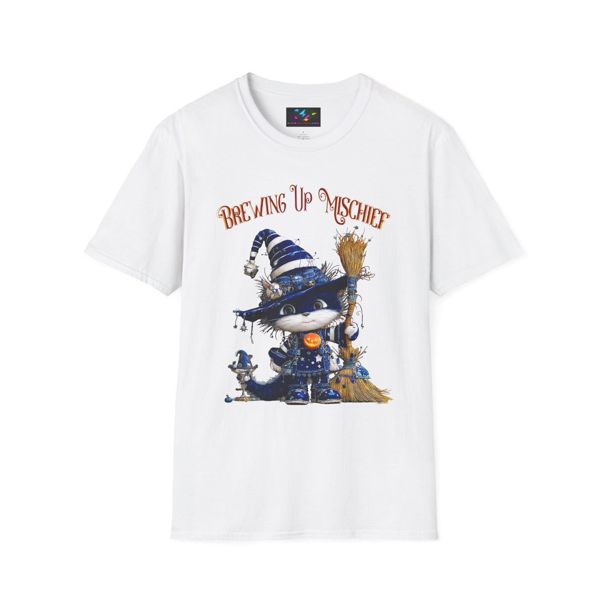 Brewing Up Mischief T-Shirt — Cute Witch Cat Halloween Tee