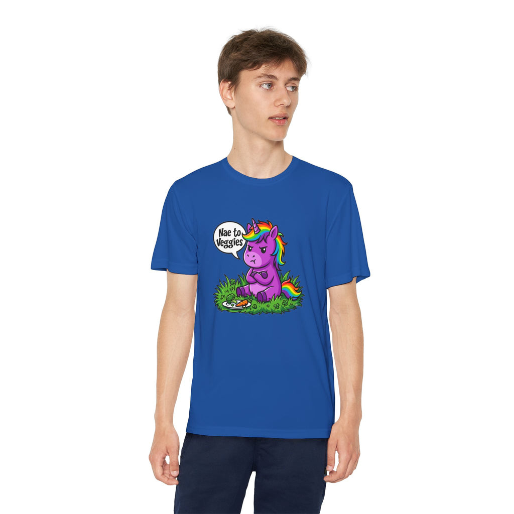 Youth T-Shirt — Purple Unicorn Saying "Nae to Veggies" Cute Kids Graphic Tee