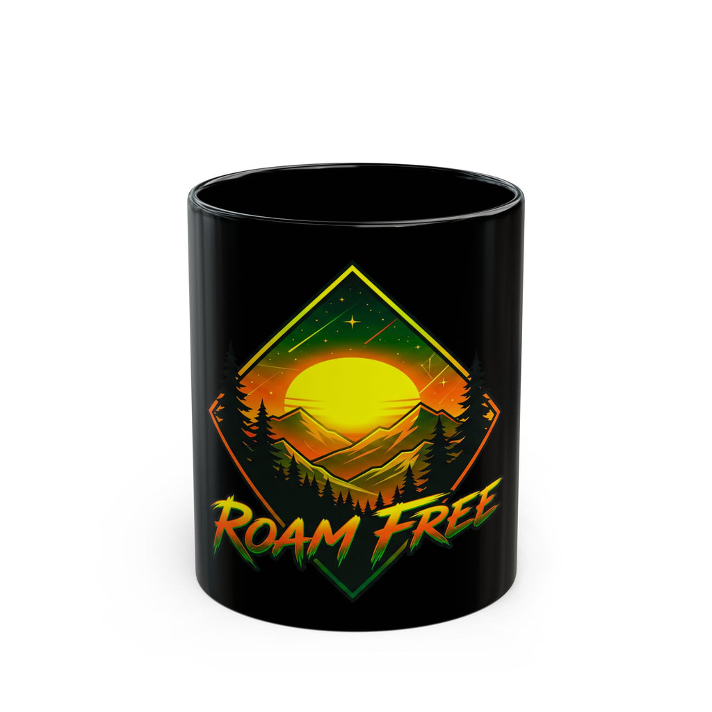 Roam Free Mountain Sunrise Black Mug — Adventure Camper Coffee Cup