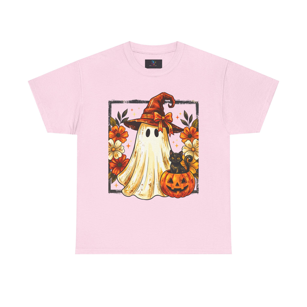 Cute Halloween Ghost T-Shirt — Ghost in Witch Hat with Pumpkin & Black Cat