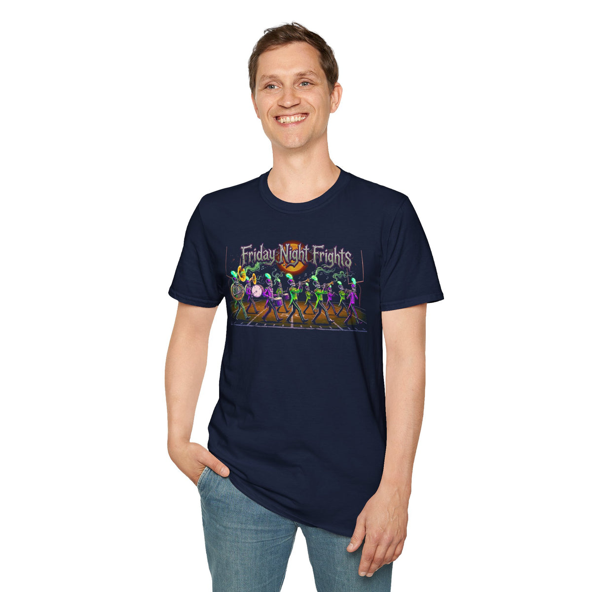 Friday Night Frights Halloween T-Shirt — Neon Skeleton Parade Tee