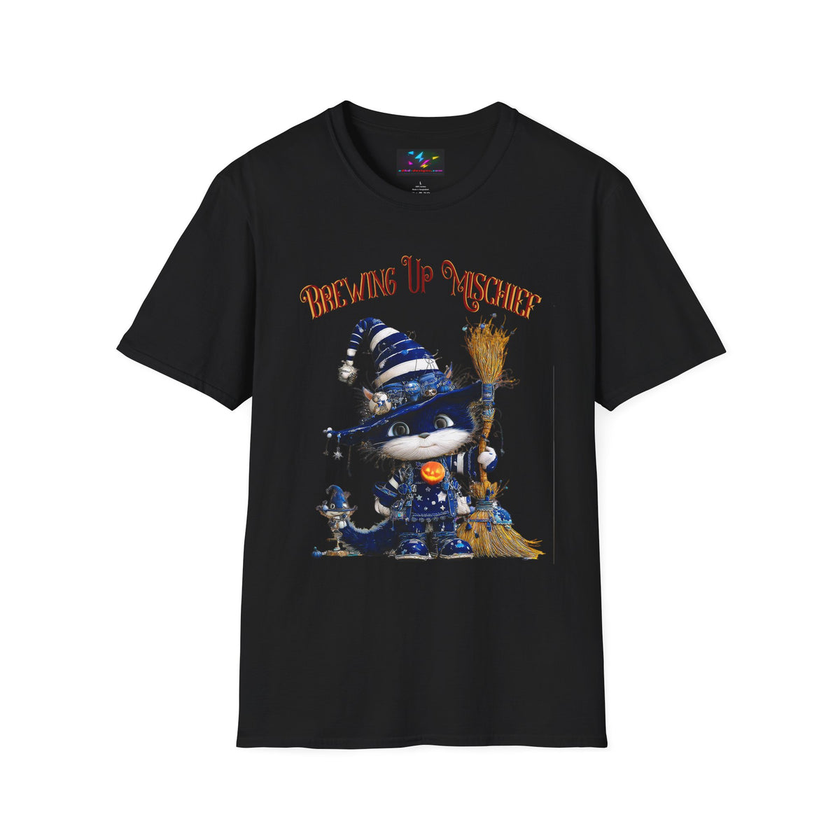 Brewing Up Mischief T-Shirt — Cute Witch Cat Halloween Tee