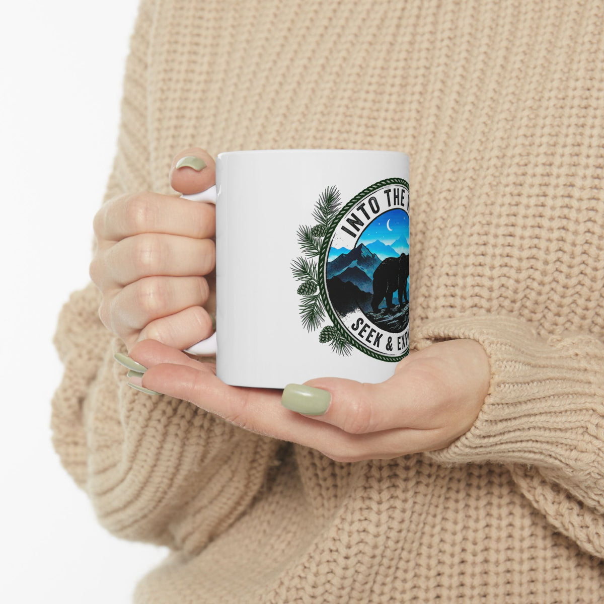 Into The Wild Ceramic Mug — "Seek & Explore" Bear Mountain Coffee Cup (11oz/15oz)