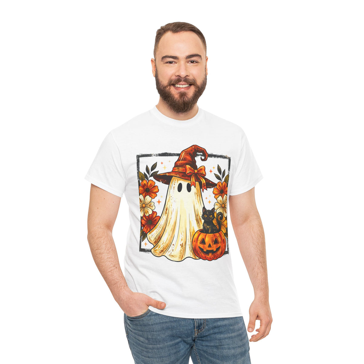 Cute Halloween Ghost T-Shirt — Ghost in Witch Hat with Pumpkin & Black Cat
