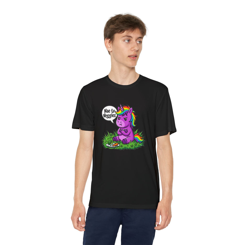 Youth T-Shirt — Purple Unicorn Saying "Nae to Veggies" Cute Kids Graphic Tee