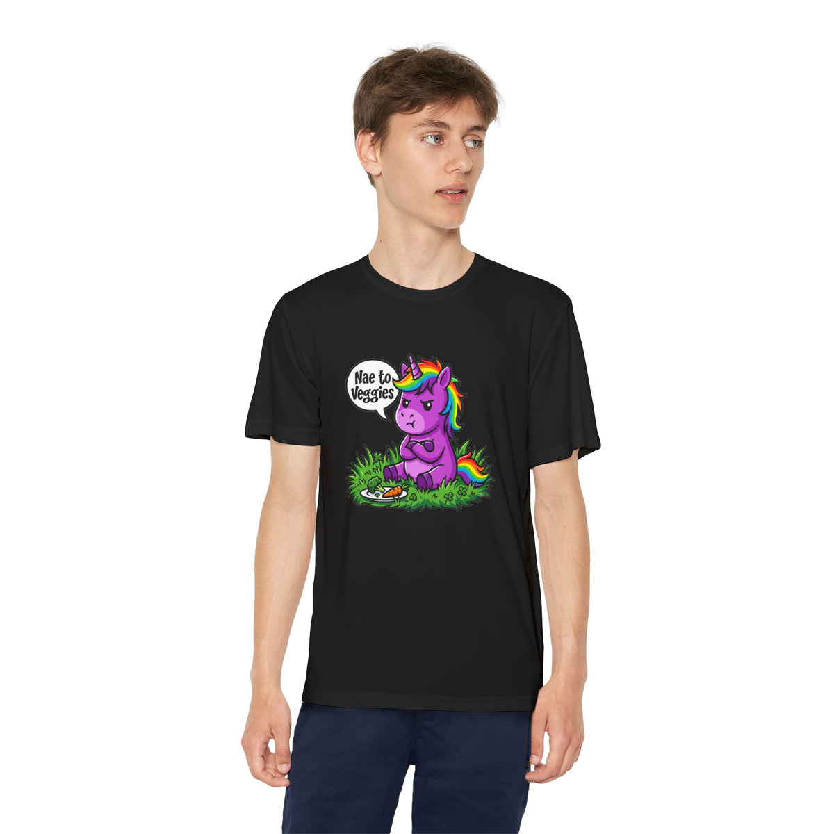 Youth T-Shirt — Purple Unicorn Saying "Nae to Veggies" Cute Kids Graphic Tee