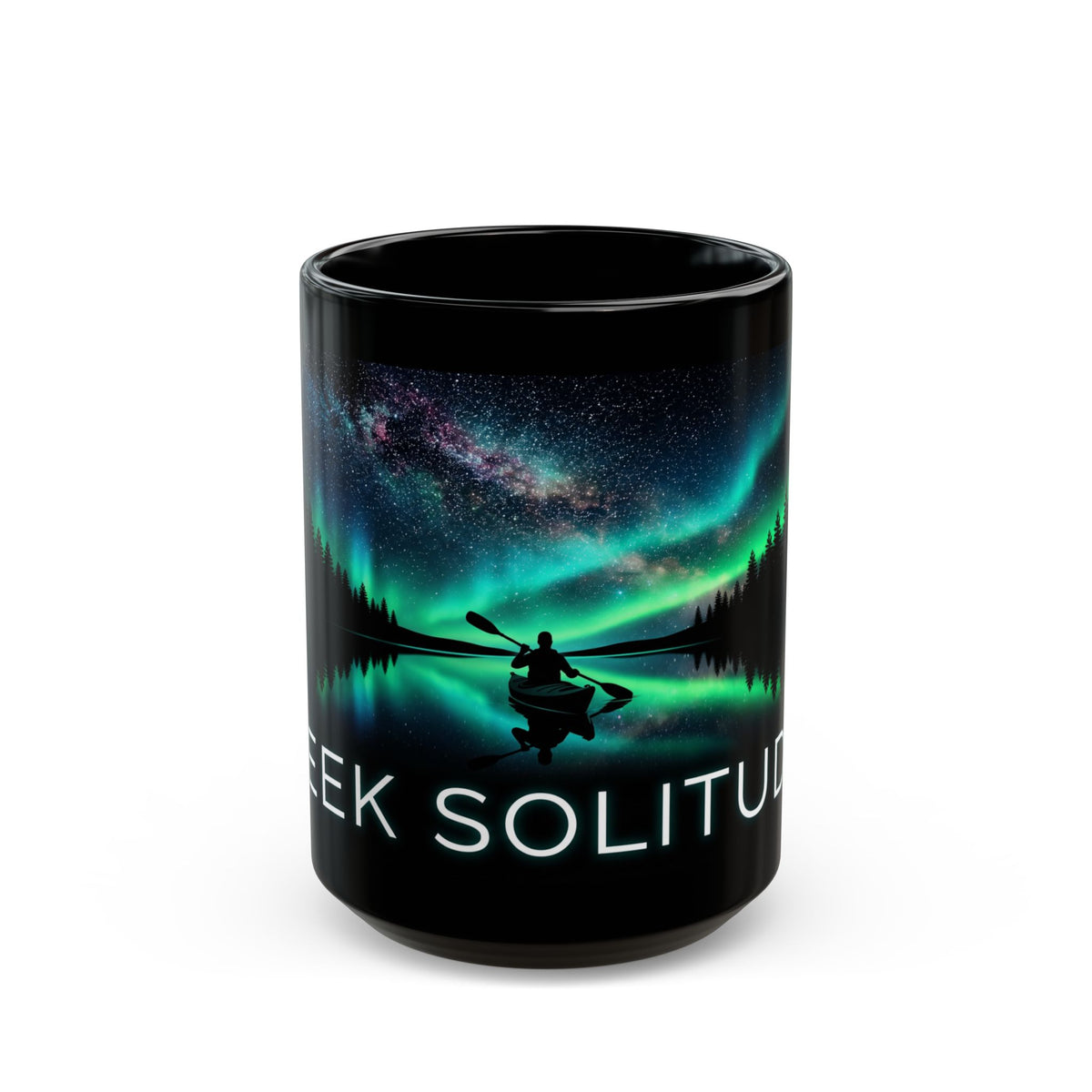 Aurora Kayak Mug — Seek Solitude Black Coffee Cup (11oz & 15oz)