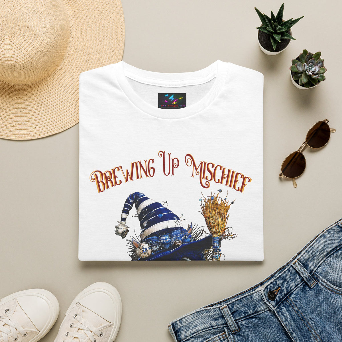 Brewing Up Mischief T-Shirt — Cute Witch Cat Halloween Tee