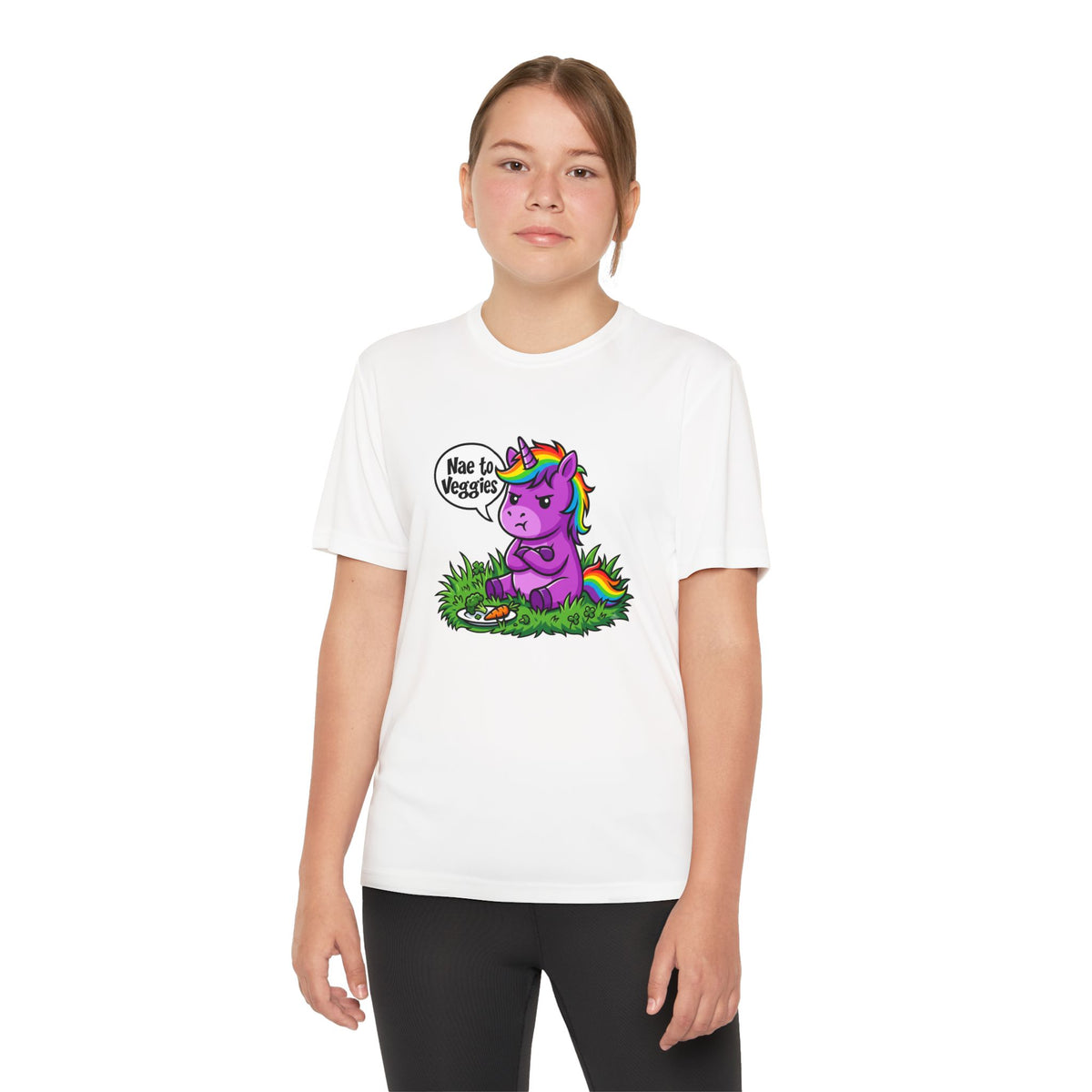 Youth T-Shirt — Purple Unicorn Saying "Nae to Veggies" Cute Kids Graphic Tee
