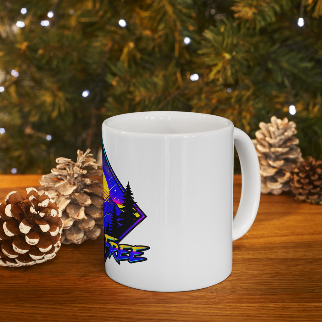 Roam Free Mountain Sunset Ceramic Mug — Adventure Travel Coffee Cup (11oz/15oz)