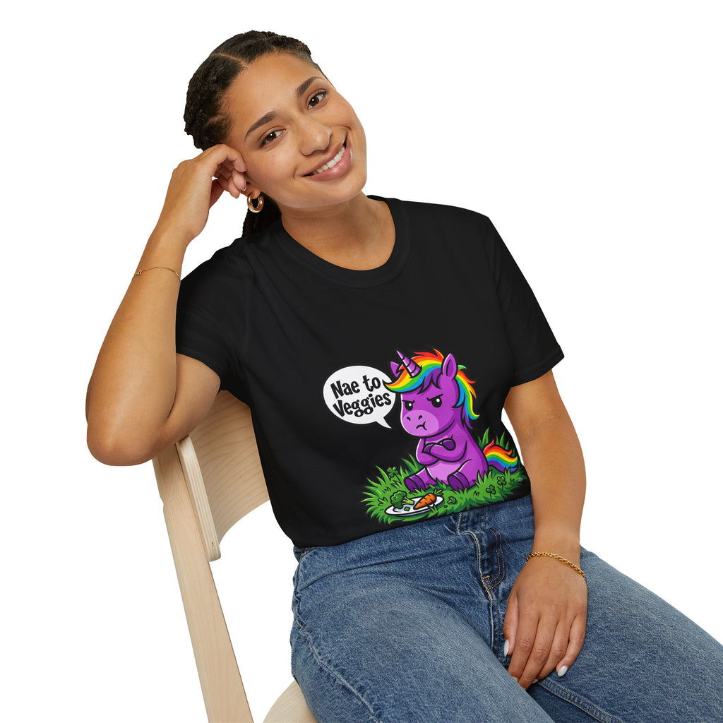 Unicorn T-Shirt — "Nae to Veggies" Funny Rainbow Unicorn Tee