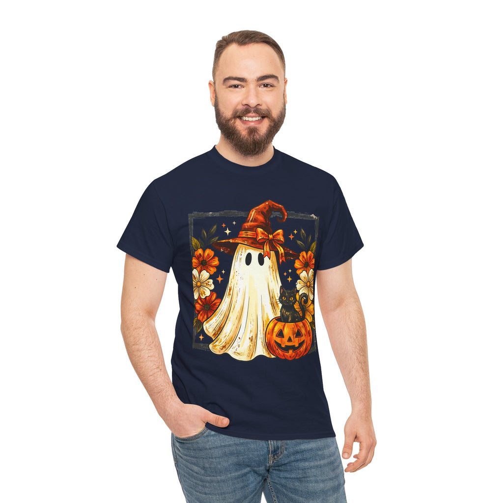 Cute Halloween Ghost T-Shirt — Ghost in Witch Hat with Pumpkin & Black Cat