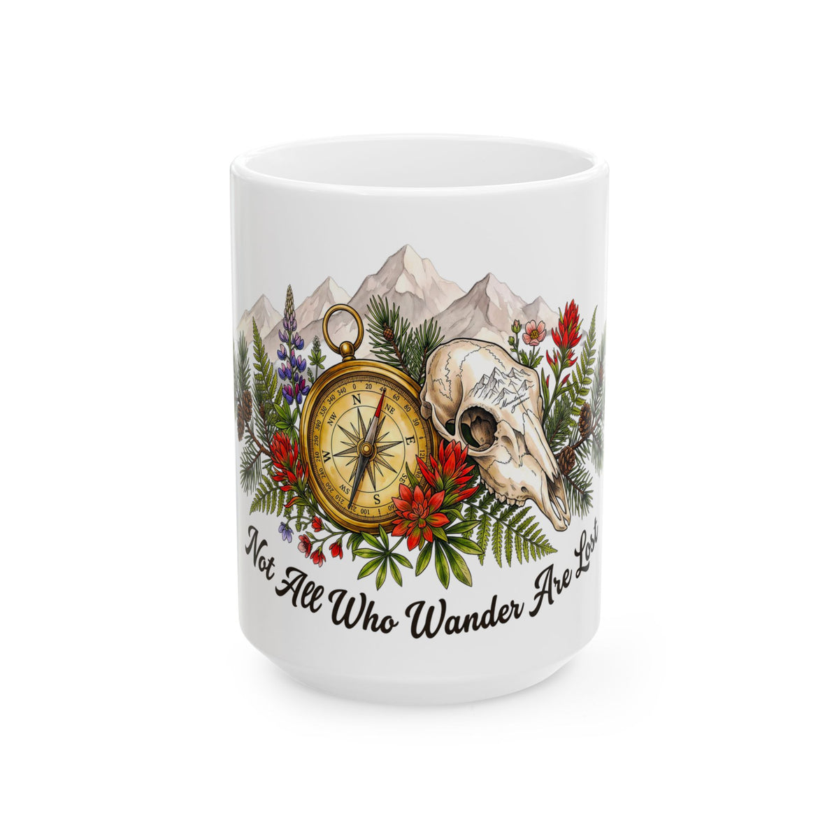 Adventure Compass Ceramic Mug — "Not All Who Wander Are Lost" Coffee Cup