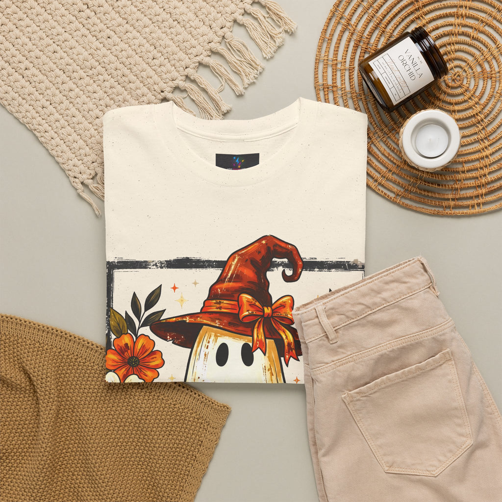 Cute Halloween Ghost T-Shirt — Ghost in Witch Hat with Pumpkin & Black Cat