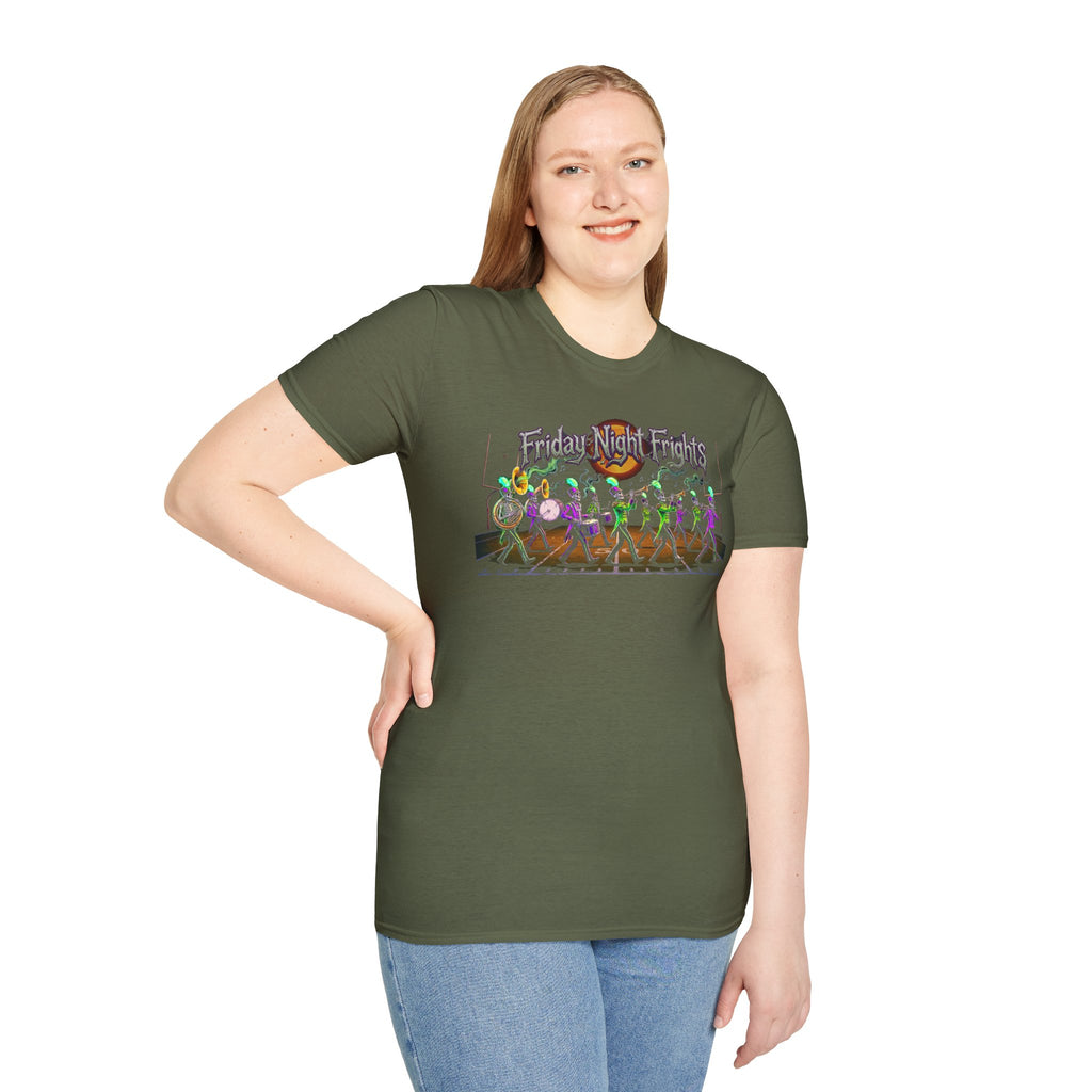 Friday Night Frights Halloween T-Shirt — Neon Skeleton Parade Tee