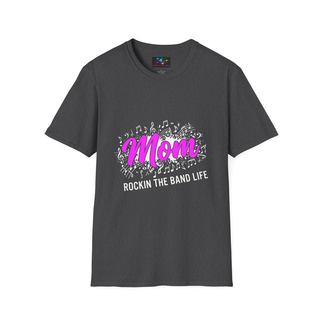 Mom Rock Band T-Shirt — 'Mom' Pink Script with Musical Notes (Rockin' the Band Life)