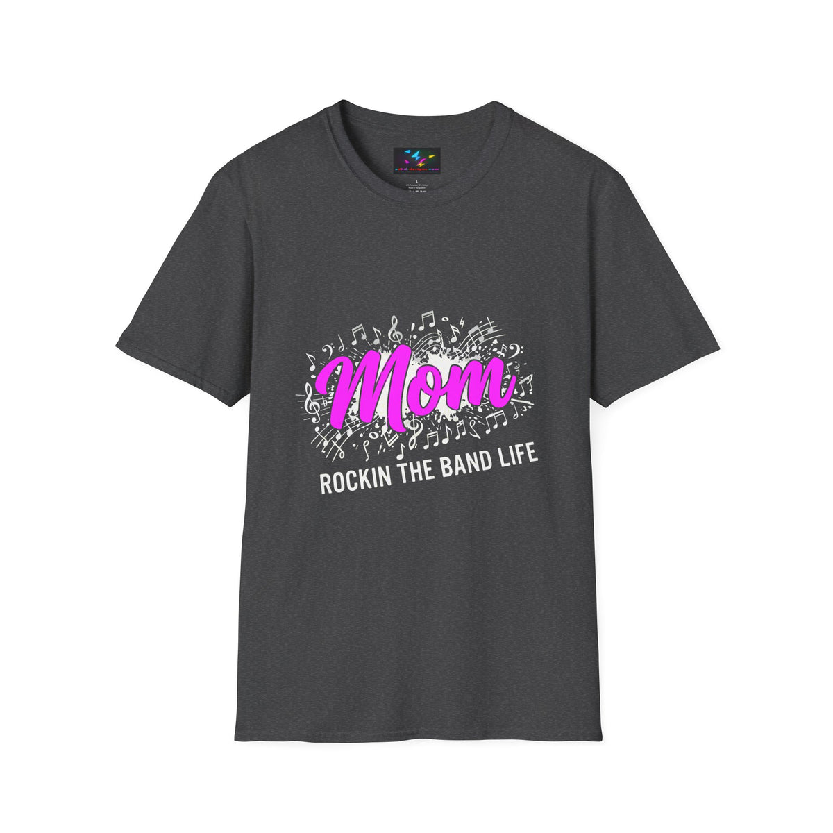 Mom Rock Band T-Shirt — 'Mom' Pink Script with Musical Notes (Rockin' the Band Life)