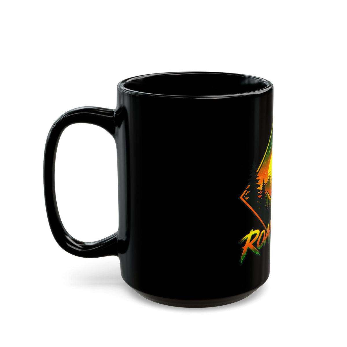 Roam Free Mountain Sunrise Black Mug — Adventure Camper Coffee Cup