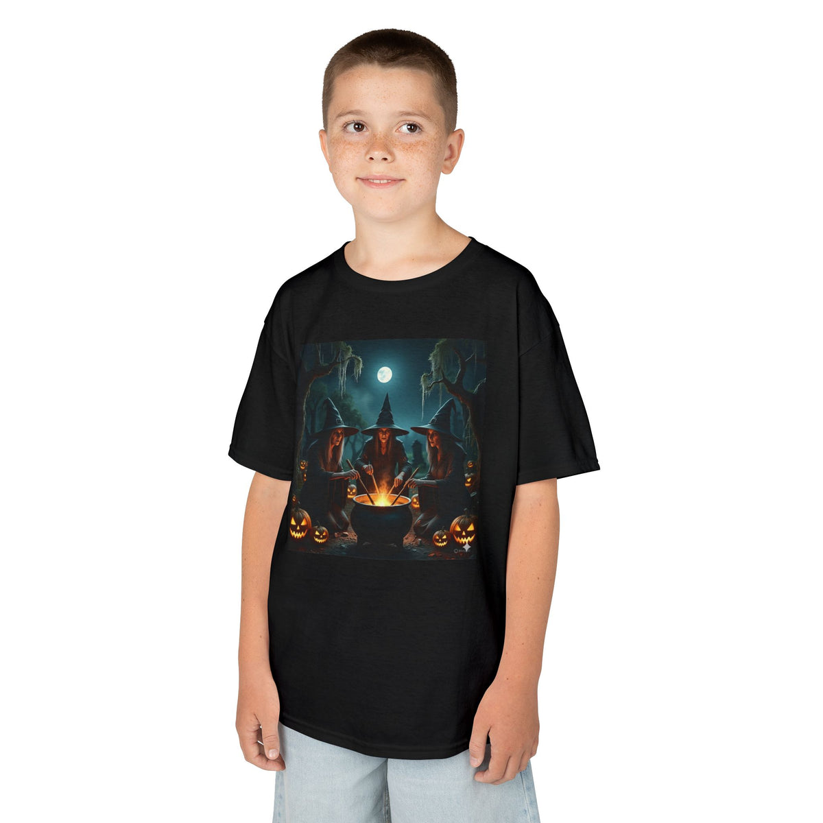 Kids Halloween Witch Campfire T‑Shirt — Spooky Pumpkin Night Tee