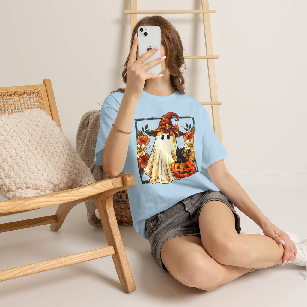 Cute Halloween Ghost T-Shirt — Ghost in Witch Hat with Pumpkin & Black Cat