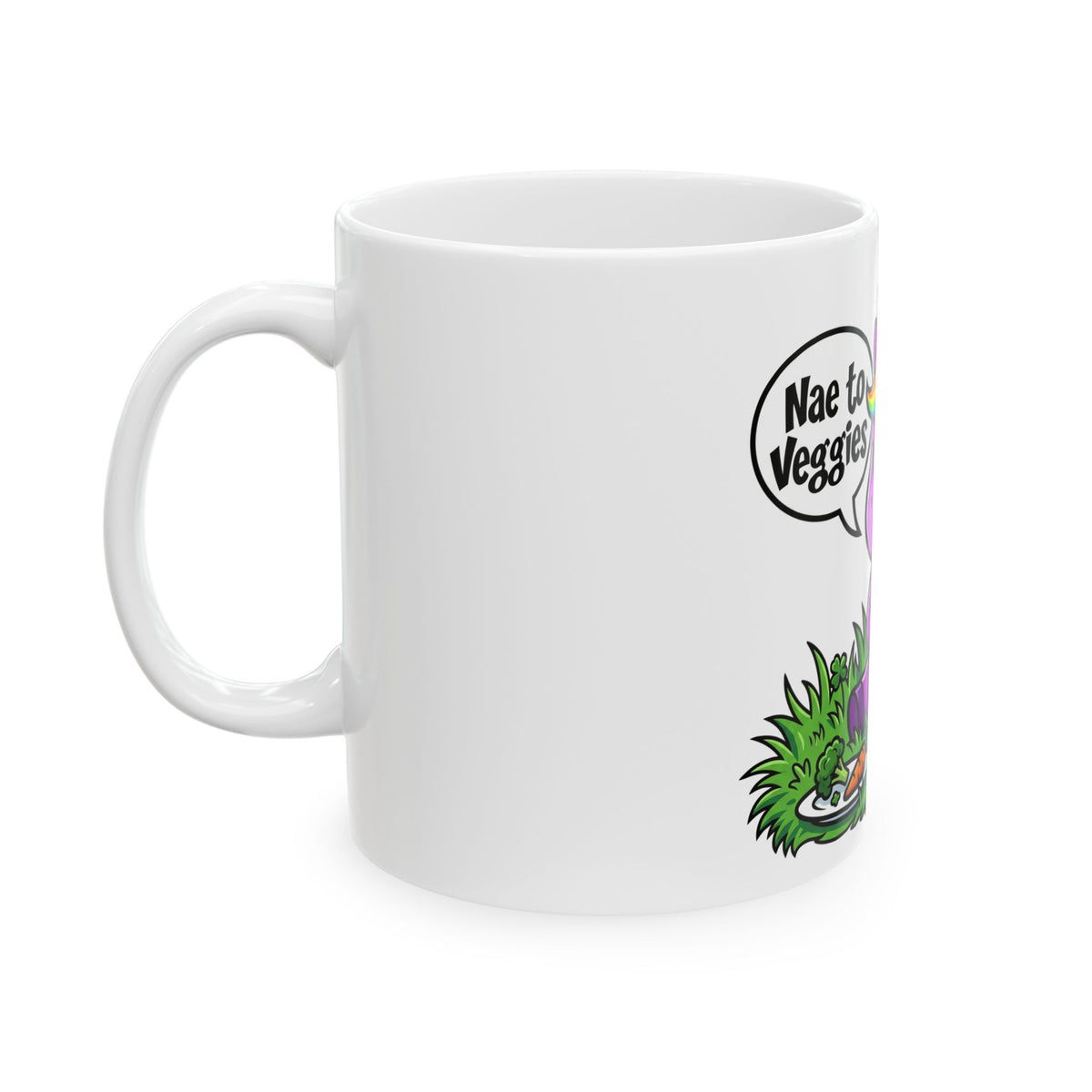 Unicorn Mug — Funny "Nae to Veggies" Grumpy Rainbow Unicorn Ceramic Coffee Cup (11oz/15oz)