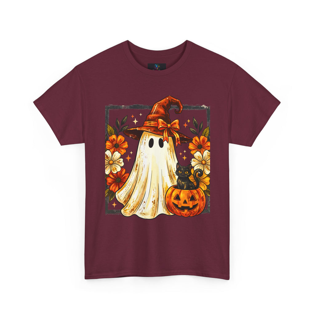 Cute Halloween Ghost T-Shirt — Ghost in Witch Hat with Pumpkin & Black Cat