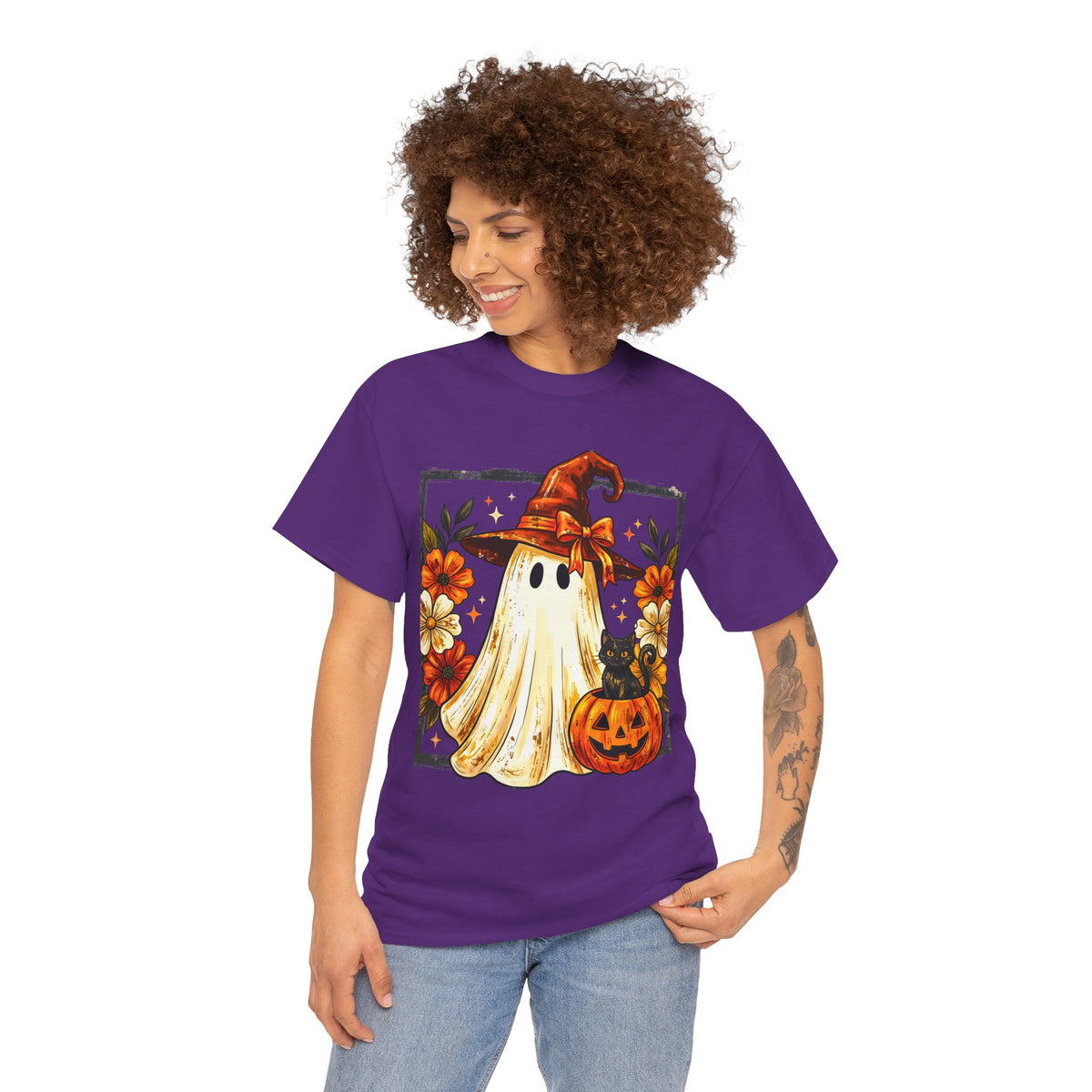 Cute Halloween Ghost T-Shirt — Ghost in Witch Hat with Pumpkin & Black Cat