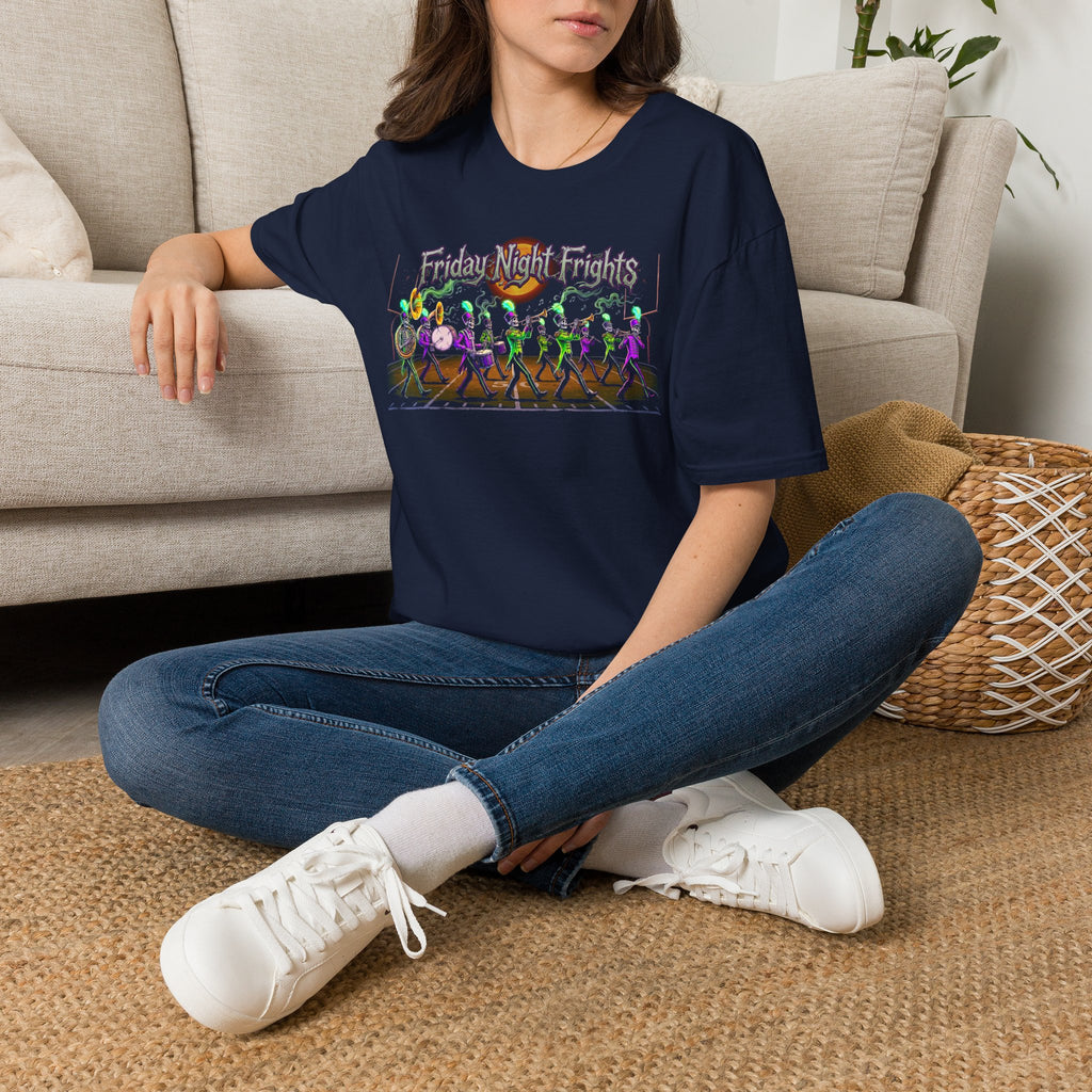 Friday Night Frights Halloween T-Shirt — Neon Skeleton Parade Tee
