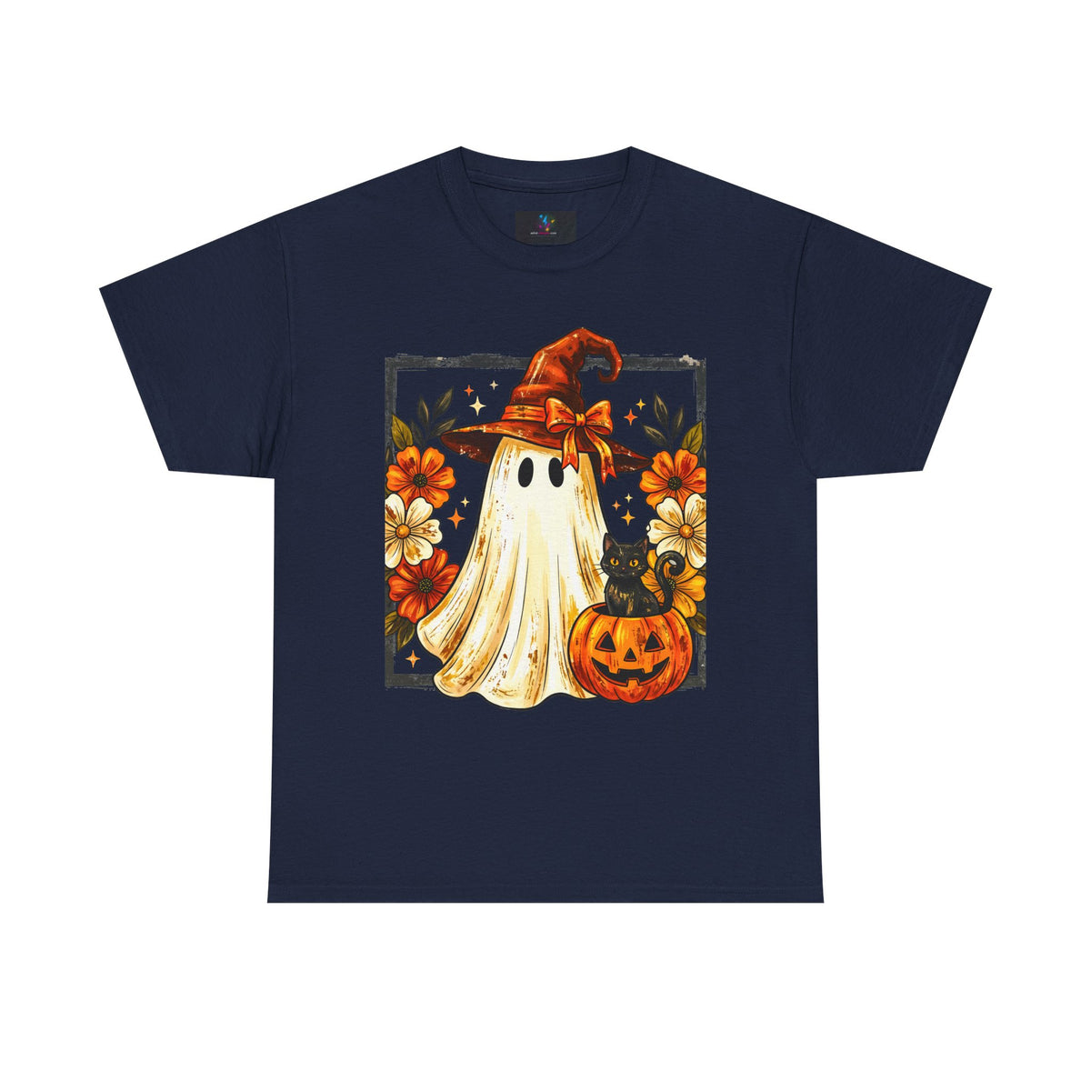 Cute Halloween Ghost T-Shirt — Ghost in Witch Hat with Pumpkin & Black Cat