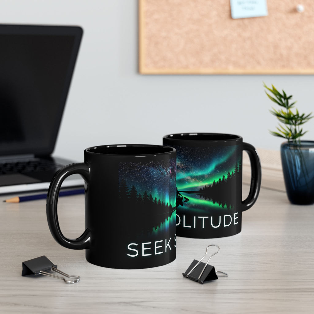 Aurora Kayak Mug — Seek Solitude Black Coffee Cup (11oz & 15oz)