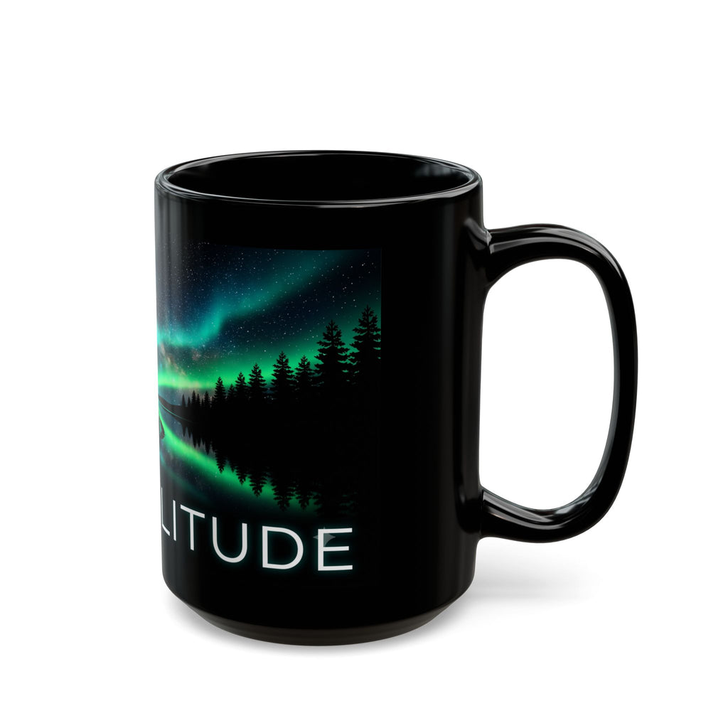 Aurora Kayak Mug — Seek Solitude Black Coffee Cup (11oz & 15oz)