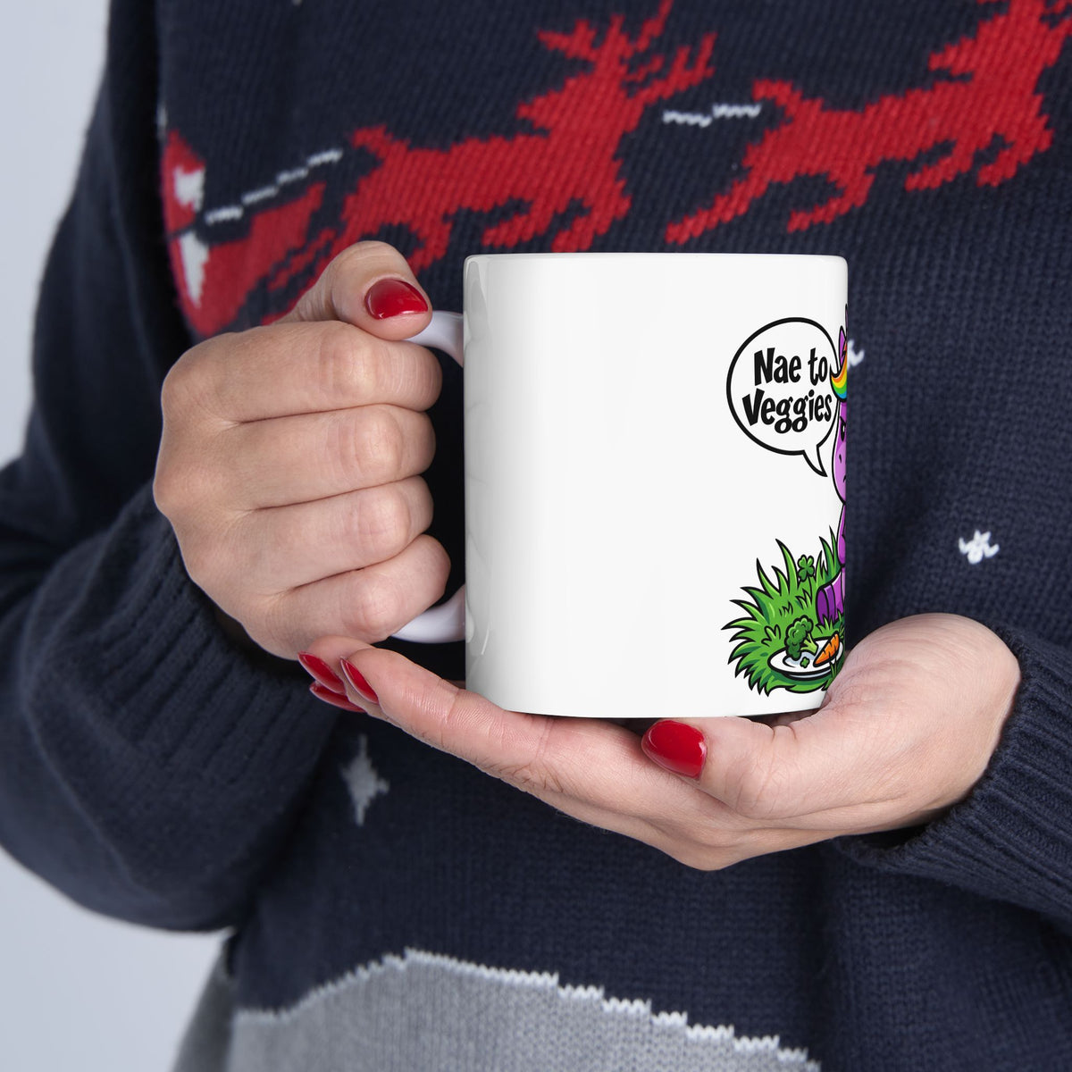 Unicorn Mug — Funny "Nae to Veggies" Grumpy Rainbow Unicorn Ceramic Coffee Cup (11oz/15oz)