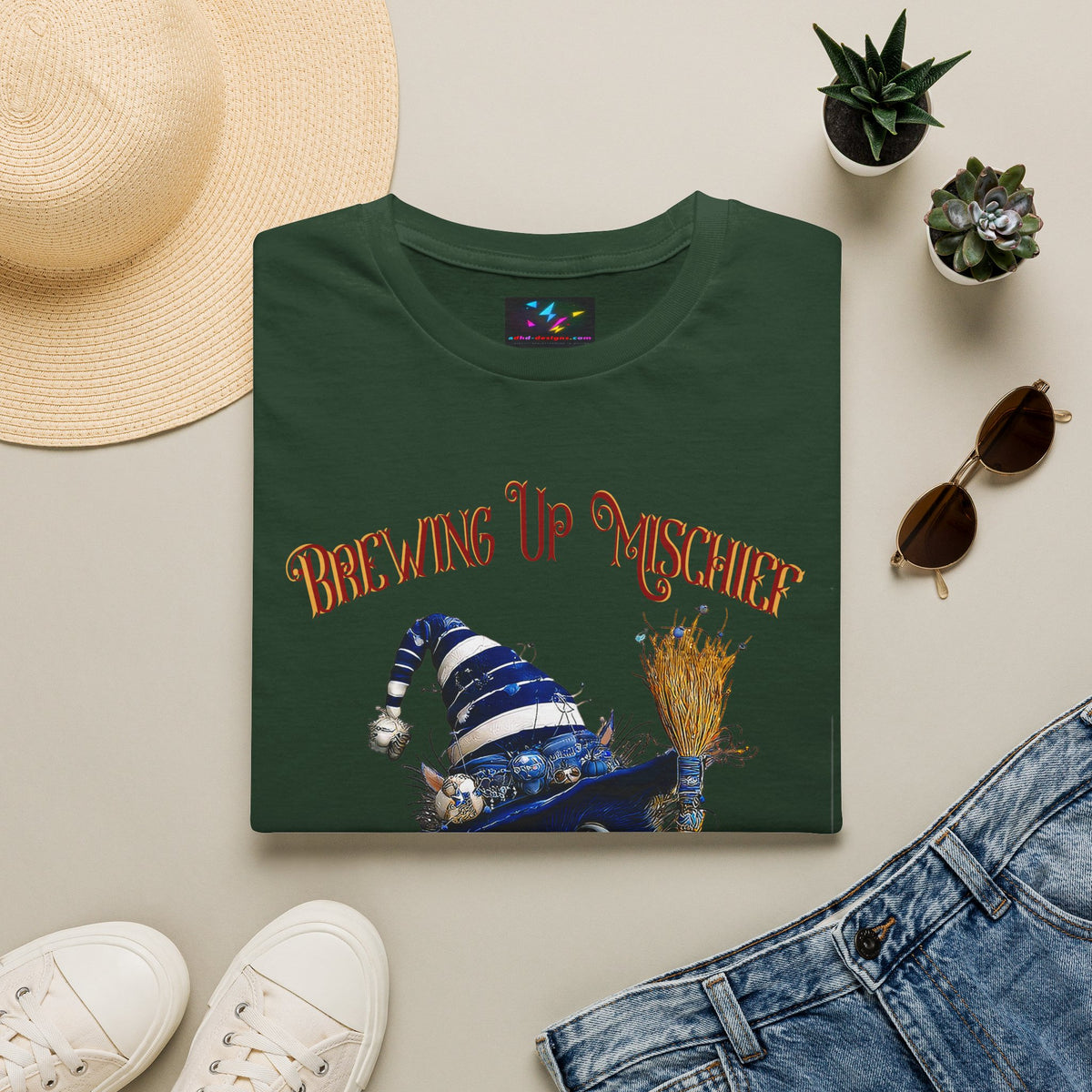 Brewing Up Mischief T-Shirt — Cute Witch Cat Halloween Tee