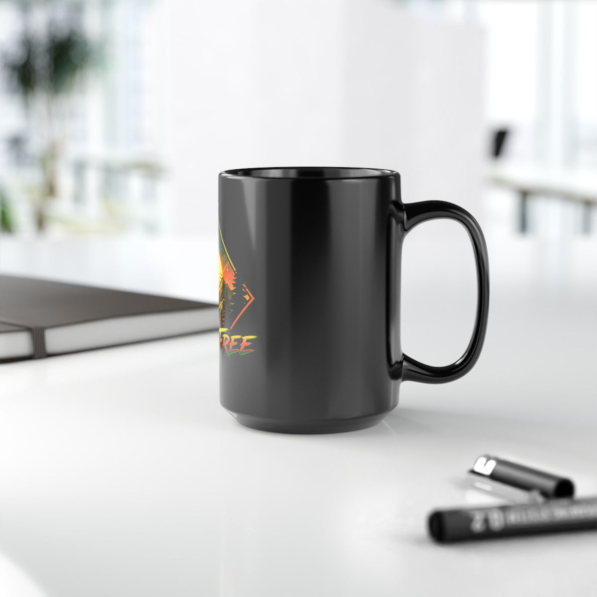 Roam Free Mountain Sunrise Black Mug — Adventure Camper Coffee Cup