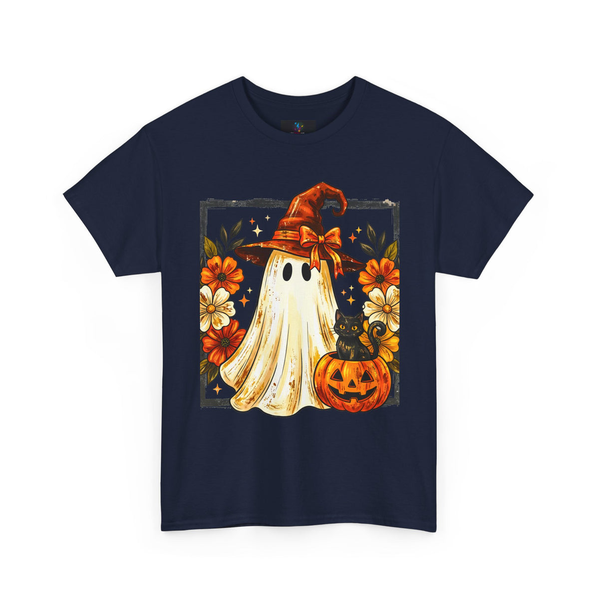 Cute Halloween Ghost T-Shirt — Ghost in Witch Hat with Pumpkin & Black Cat