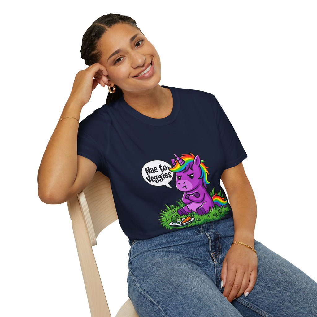Unicorn T-Shirt — "Nae to Veggies" Funny Rainbow Unicorn Tee