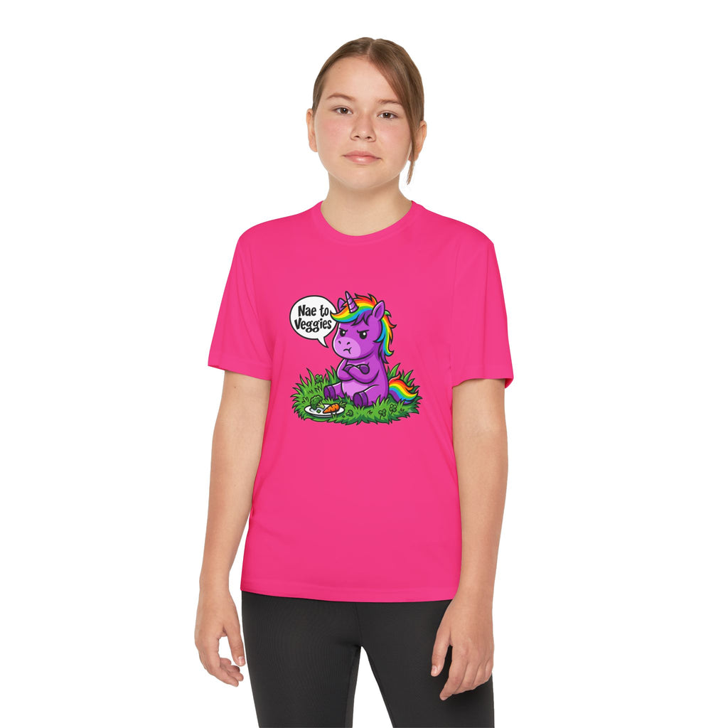 Youth T-Shirt — Purple Unicorn Saying "Nae to Veggies" Cute Kids Graphic Tee