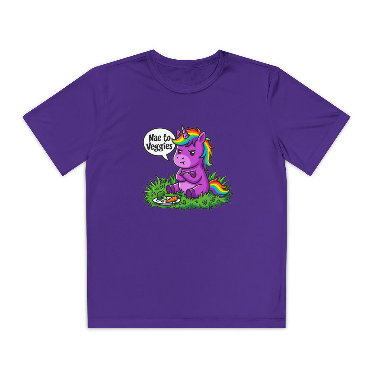 Youth T-Shirt — Purple Unicorn Saying "Nae to Veggies" Cute Kids Graphic Tee