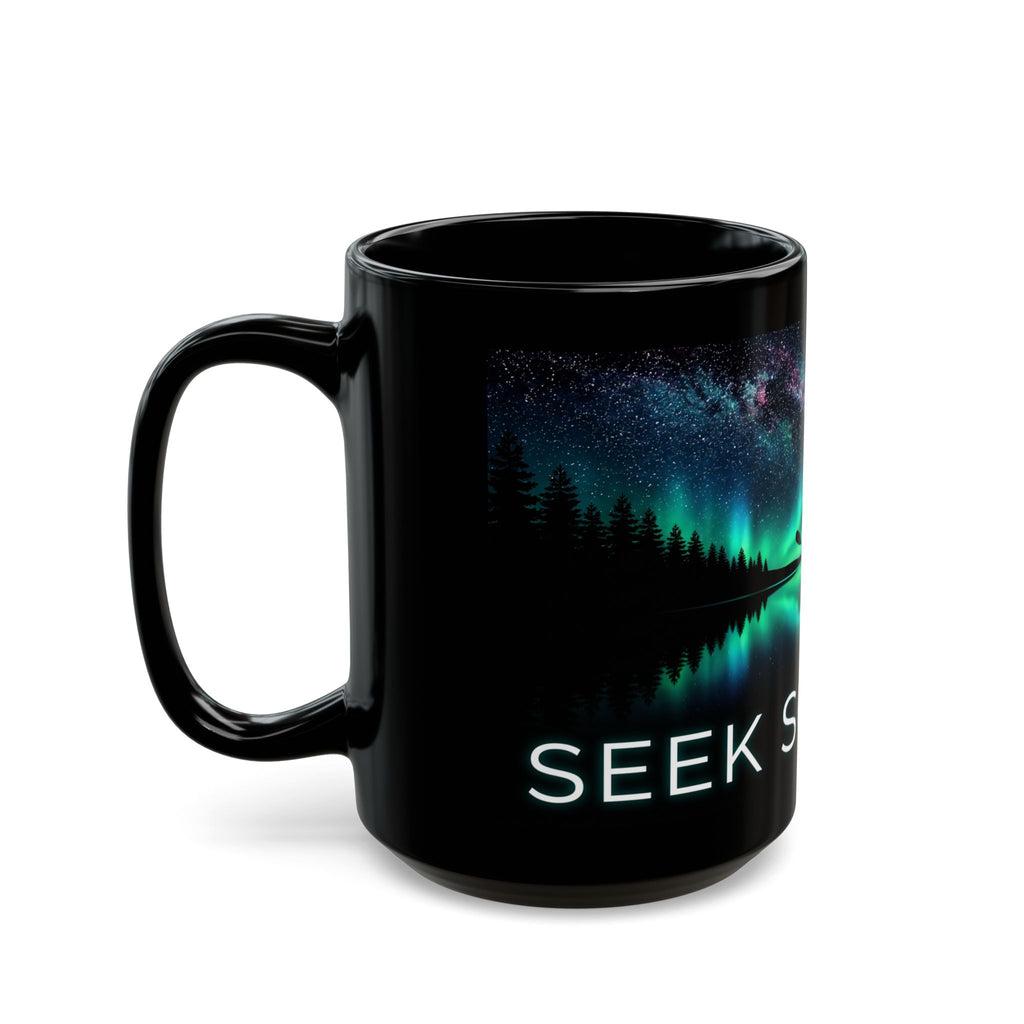 Aurora Kayak Mug — Seek Solitude Black Coffee Cup (11oz & 15oz)