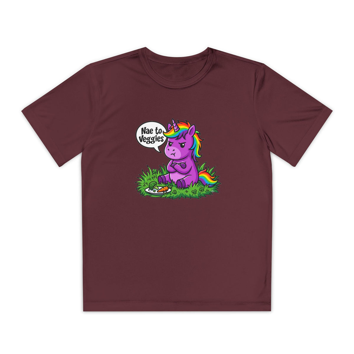 Youth T-Shirt — Purple Unicorn Saying "Nae to Veggies" Cute Kids Graphic Tee