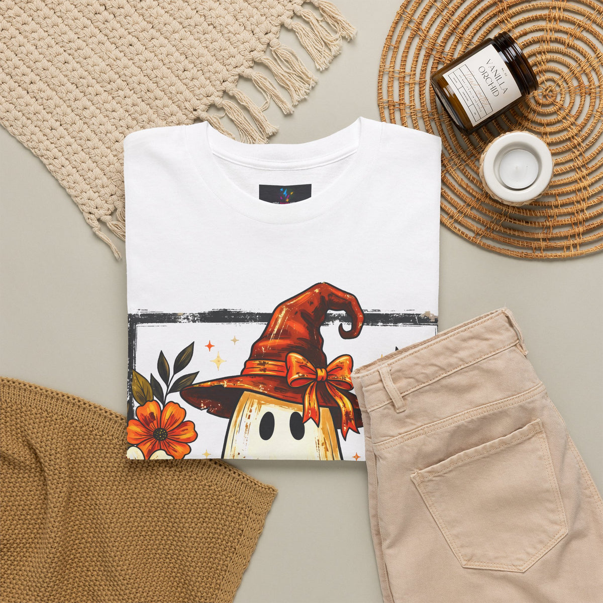 Cute Halloween Ghost T-Shirt — Ghost in Witch Hat with Pumpkin & Black Cat