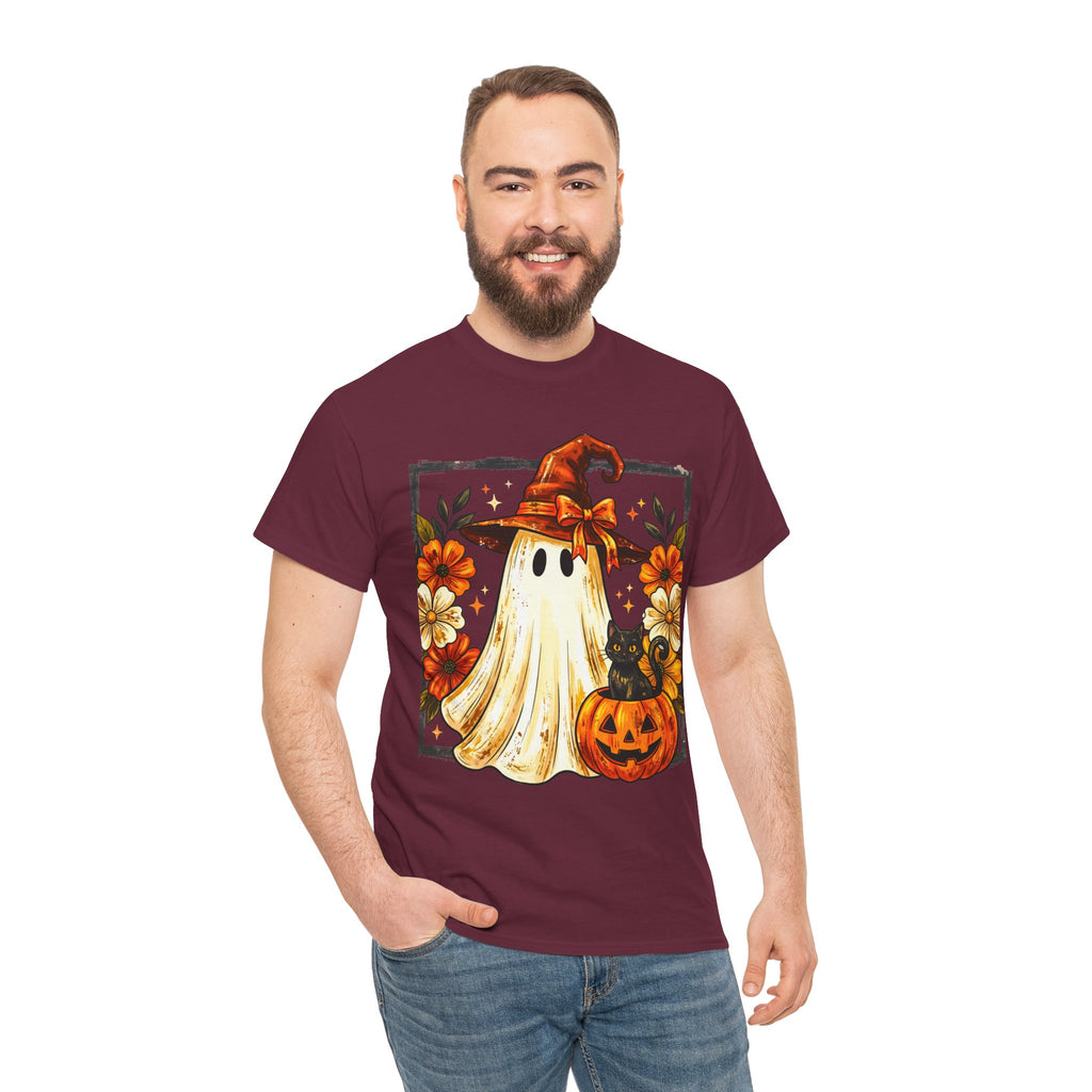 Cute Halloween Ghost T-Shirt — Ghost in Witch Hat with Pumpkin & Black Cat