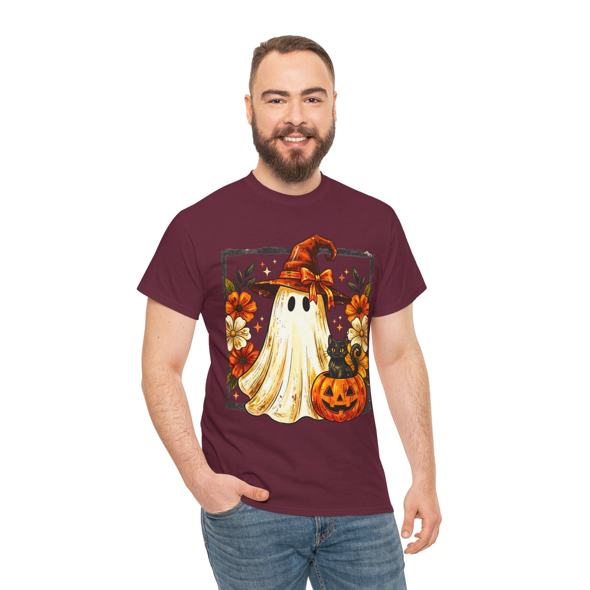 Cute Halloween Ghost T-Shirt — Ghost in Witch Hat with Pumpkin & Black Cat