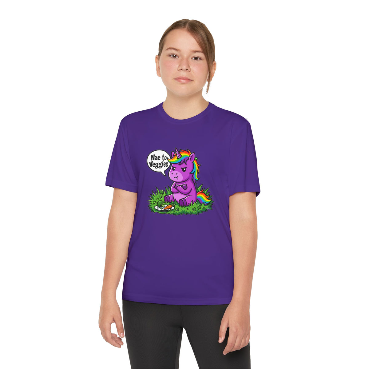 Youth T-Shirt — Purple Unicorn Saying "Nae to Veggies" Cute Kids Graphic Tee